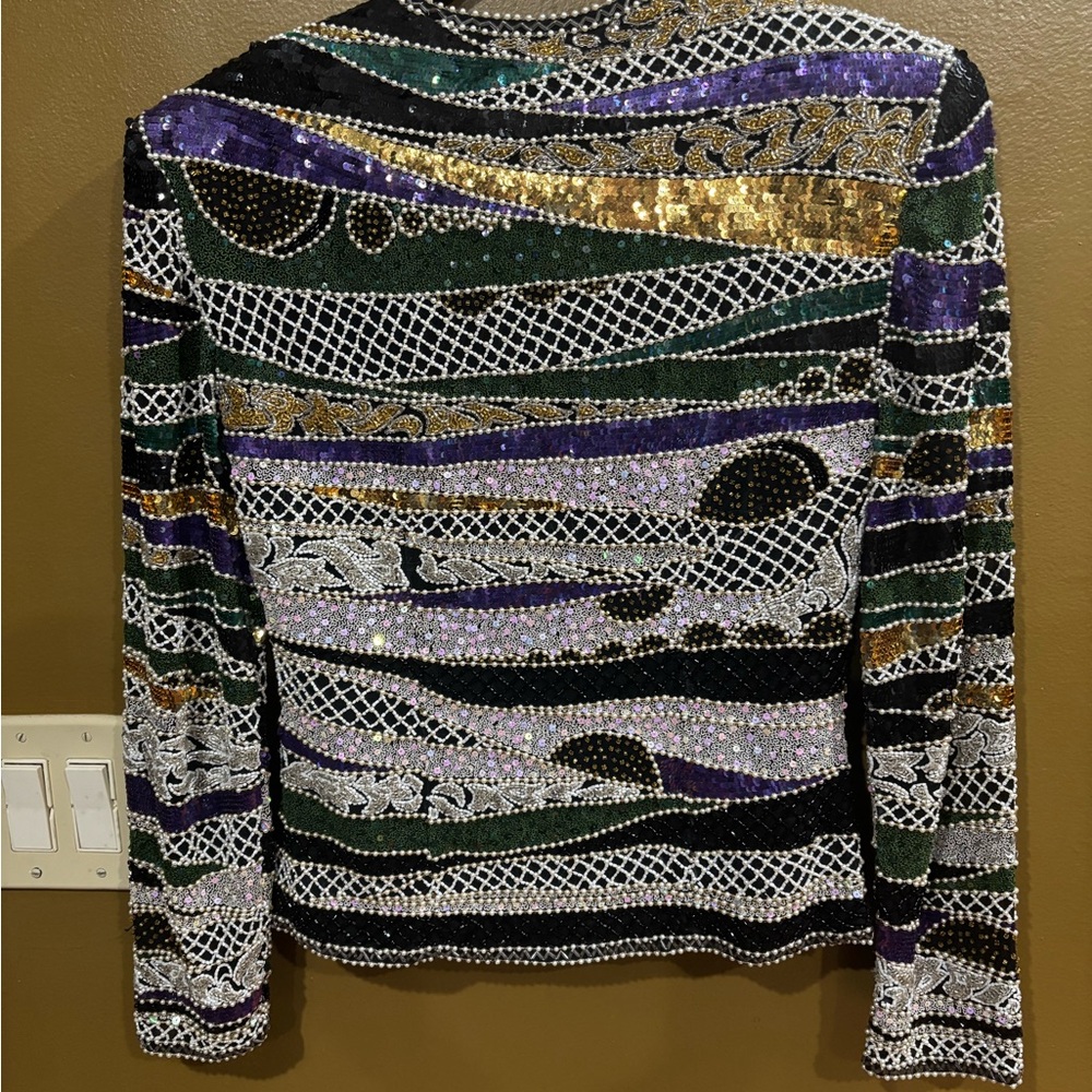 VTG Bergdorf Goodman Embellished Beaded Jacket - Black, Purple & Green. Sz 4 - Picture 4 of 9